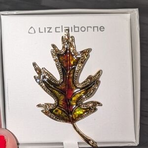 Liz Claiborne Signed Abalone & Crystal Leaf Statement Brooch Pin